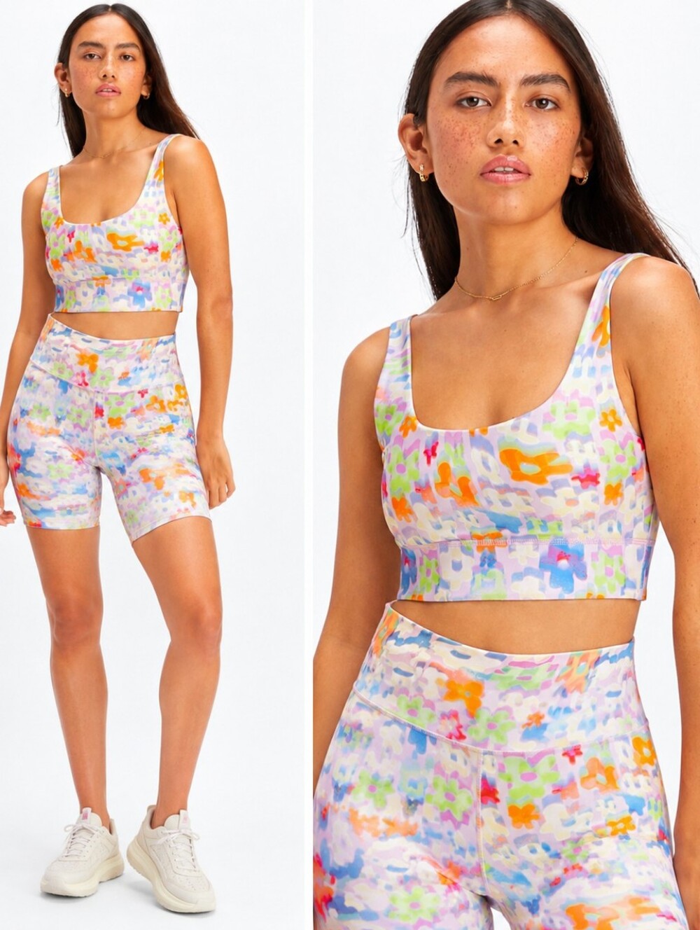 Fabletics Pastel Floral-Print Bike Shorts and Reversible Sports Bra Set